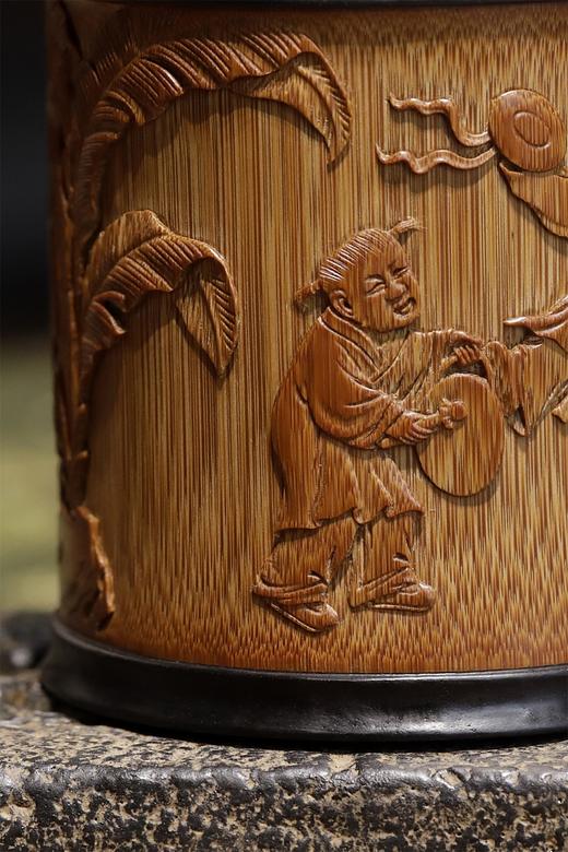 五子闹春°锡胆竹雕茶叶罐 商品图7