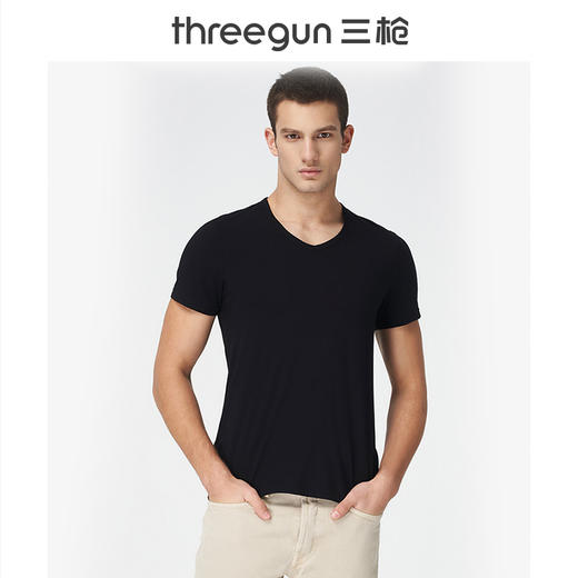 Threegun三枪【匠心系列-80支长绒棉】V领男士短袖T恤-23459A911 商品图2