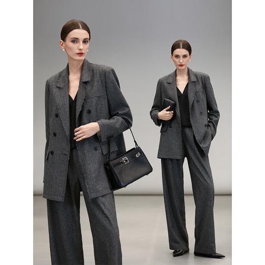 COCOBELLA格雷系捏褶千鸟格羊毛西裤女气质通勤直筒裤PA3015 商品图2