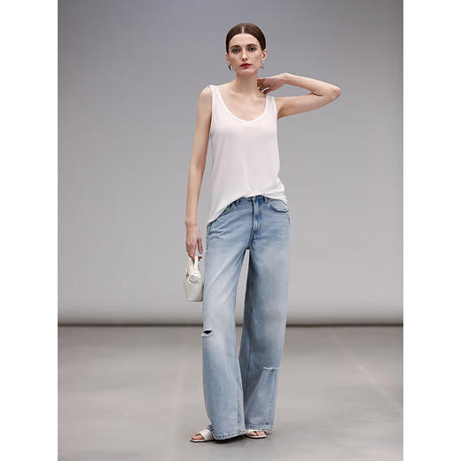 【秒杀】COCOBELLA时尚破洞宽松牛仔裤女春夏水洗磨白休闲直筒阔腿裤DN75 商品图2