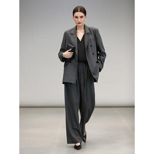 COCOBELLA格雷系捏褶千鸟格羊毛西裤女气质通勤直筒裤PA3015 商品图1