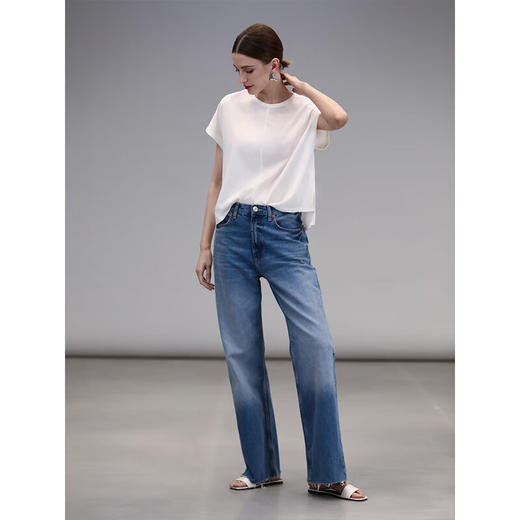 COCOBELLA复古水洗渐变磨白毛边牛仔裤女春休闲舒适直筒长裤DN82 商品图2