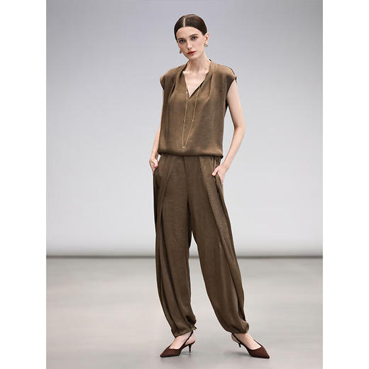 COCOBELLA奢感通勤商务肌理缎面休闲裤春夏高腰打褶灯笼裤PA3011 商品图3