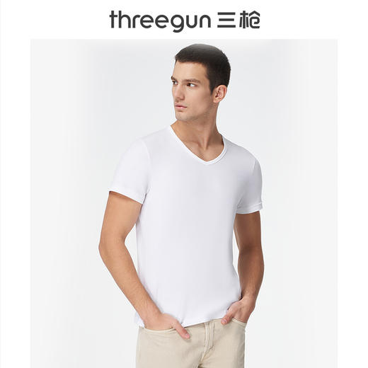 Threegun三枪【匠心系列-80支长绒棉】V领男士短袖T恤-23459A911 商品图1