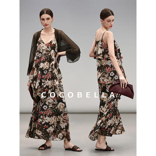 【限时秒杀】COCOBELLA优雅层叠荷叶摆吊带裙早秋繁花度假风连衣裙FR7063 商品图0