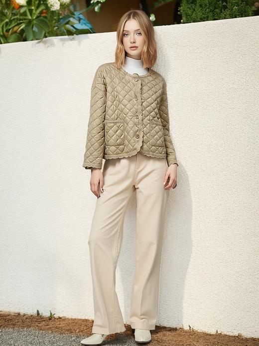 太划算了！！89309卡其重工刺绣蕾丝边夹棉绗缝外套-喜出 商品图3