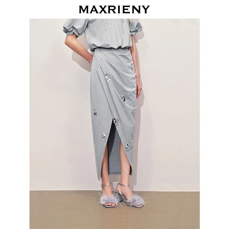 玛克门店发货：休闲抽褶开衩半身裙高级气质感女装修身显瘦(货号:MC85SK282)