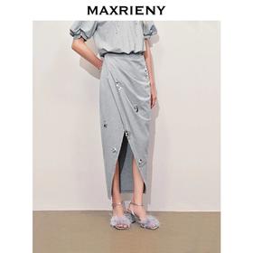 玛克门店发货：休闲抽褶开衩半身裙高级气质感女装修身显瘦(货号:MC85SK282)