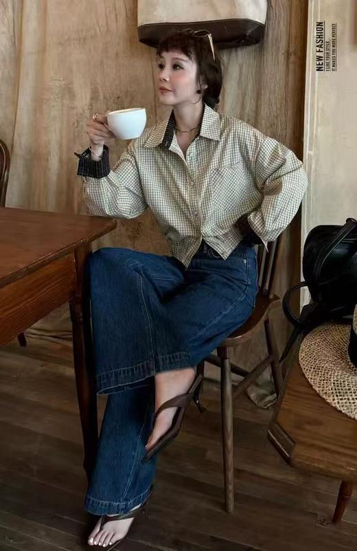 冰点价！仅限11.11！退货勿拍【迎八一促】欧货翻领格子衬衫百搭休闲短款外套上衣潮-喜出 商品图5