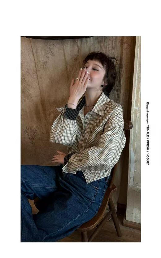 冰点价！仅限11.11！退货勿拍【迎八一促】欧货翻领格子衬衫百搭休闲短款外套上衣潮-喜出 商品图4