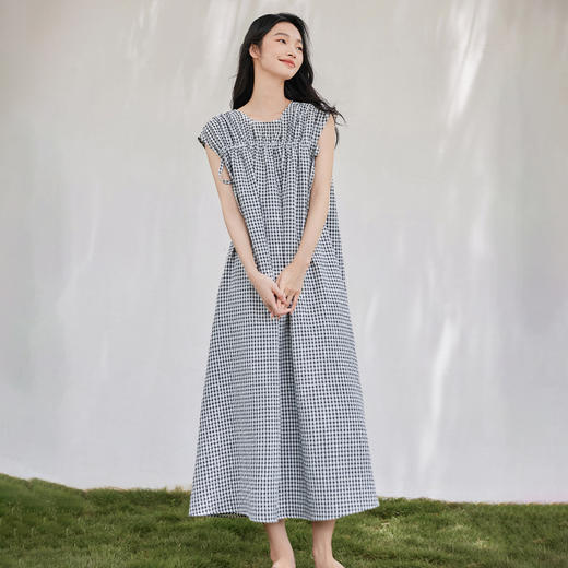 IC黑白格设计感抽褶腰带连衣裙女新款夏季慵懒宽松休闲裙子 商品图1