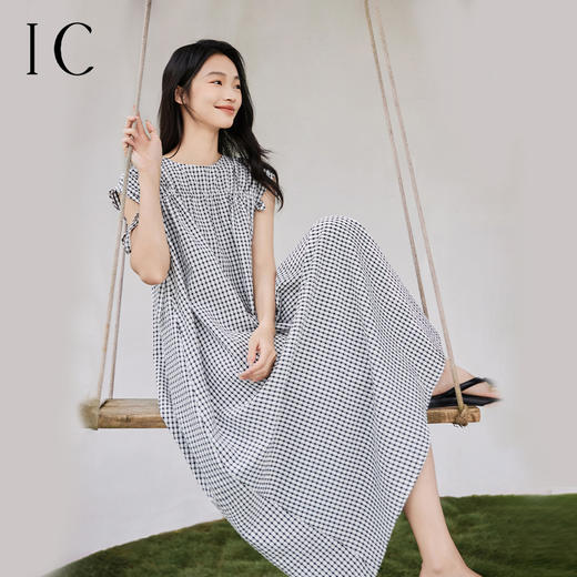 IC黑白格设计感抽褶腰带连衣裙女新款夏季慵懒宽松休闲裙子 商品图0
