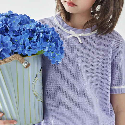 棵初2025年新款夏日氧气感镂空针织小衫儿童蝴蝶结撞色领短袖上衣 商品图3