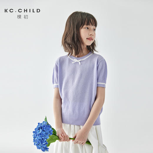 棵初2025年新款夏日氧气感镂空针织小衫儿童蝴蝶结撞色领短袖上衣 商品图0