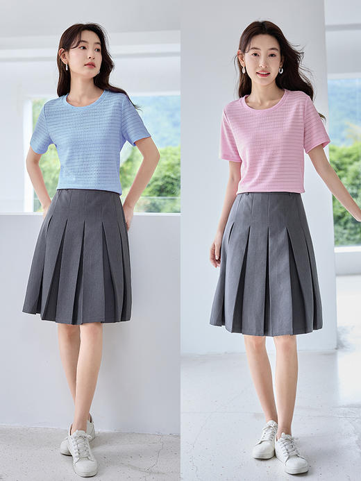 【专属特价】熙世界2025夏季新款肌理感条纹提花T恤女短袖设计感休闲圆领上衣 商品图4