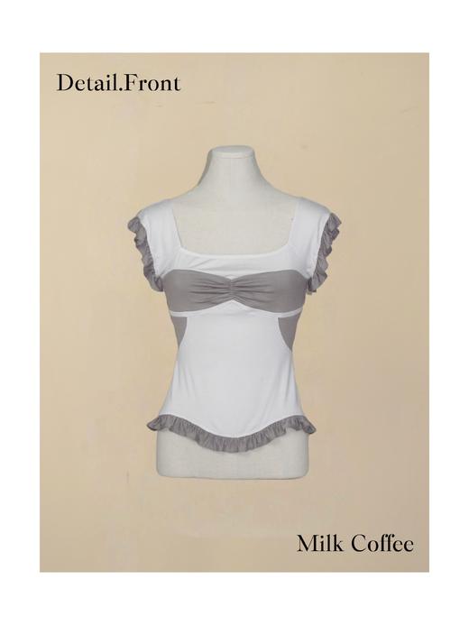 方领贝壳 荷叶边拼色小短袖  深蓝/燕麦 商品图2