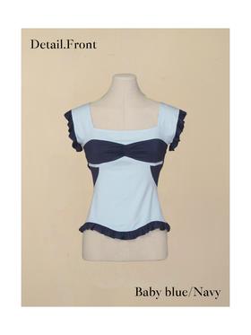 方领贝壳 荷叶边拼色小短袖  深蓝/燕麦