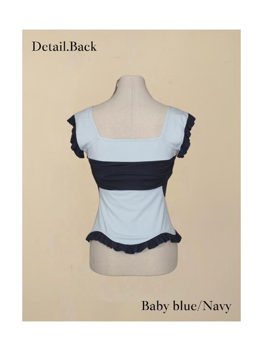 方领贝壳 荷叶边拼色小短袖  深蓝/燕麦 商品图1