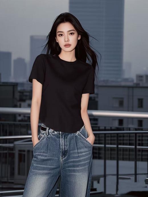 七夕福利-NO退-【超美推荐】超显瘦款！！夏季短款弧形下摆小设计感短袖T恤87%棉-喜出 商品图0