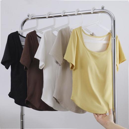 【两件减10元】林小眠·法式超模T恤丨带胸垫T恤，遮肉显腰细腿长，免穿内衣超自由，方领、圆领，各五色可选，S-XL 商品图3