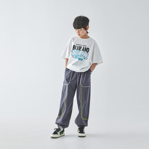 蓝汽水25年夏季新款男童亲子撞色线迹卫裤全棉针织简约休闲束脚裤 商品图1