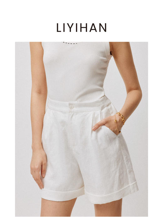 LIYIHAN亘云麻 | 25夏亚麻翻边短裤白色宽松裤子舒适透气百搭休闲 商品图1