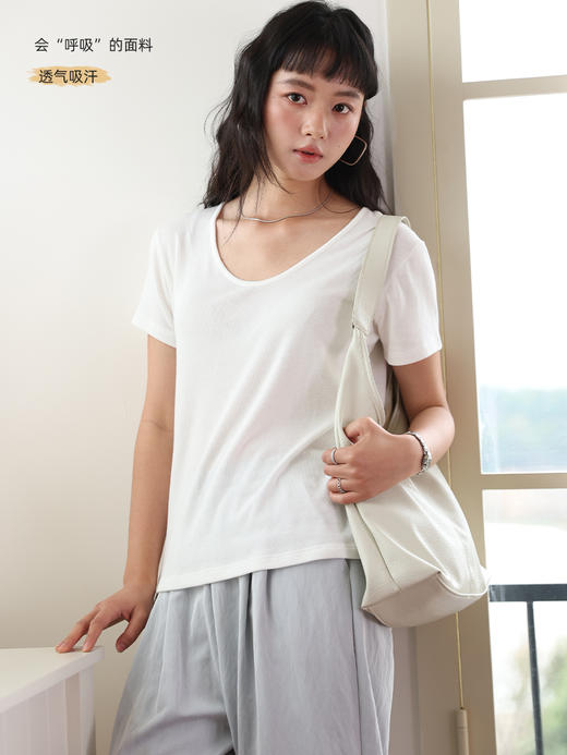 【KEMU】法国亚麻×奥地利天丝 鹅蛋领针织T恤 | 凉感透气显瘦 法式慵懒风ins高级感上衣 商品图1