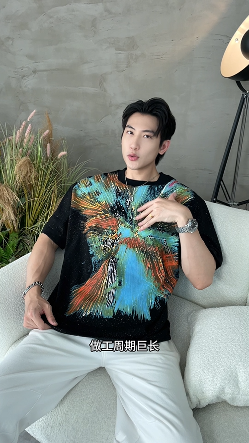 T3013夏季高级感新款潮牌满天星彩色印花圆领短袖T恤显瘦百搭宽松上衣