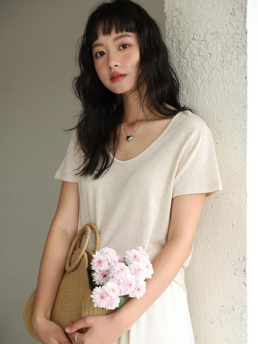 【KEMU】法国亚麻×奥地利天丝 鹅蛋领针织T恤 | 凉感透气显瘦 法式慵懒风ins高级感上衣 商品图3