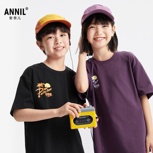 【110-180简约度假风亲子T】男女童热卖圆领SORONA凉感短袖t恤夏季新款安奈儿童装小程序专享EM521150 商品图3