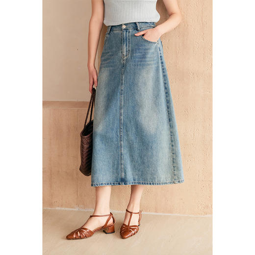 HeyDress复古水洗牛仔半身裙女夏季直筒开叉半裙高腰显瘦蓝色裙子 商品图0