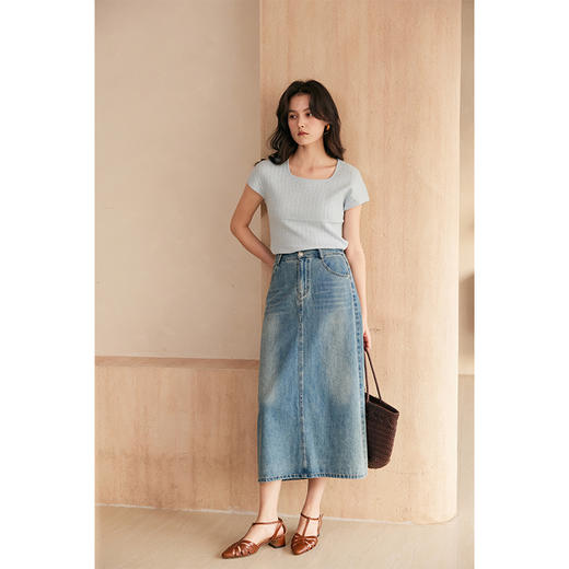 HeyDress复古水洗牛仔半身裙女夏季直筒开叉半裙高腰显瘦蓝色裙子 商品图3