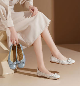 西村名物2025年轻便透气舒适平底蝴蝶结饰扣软底镂空单鞋T25AH15001