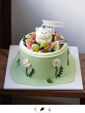 【客定】绿色可爱清新蛋糕0058（装饰水果随机）