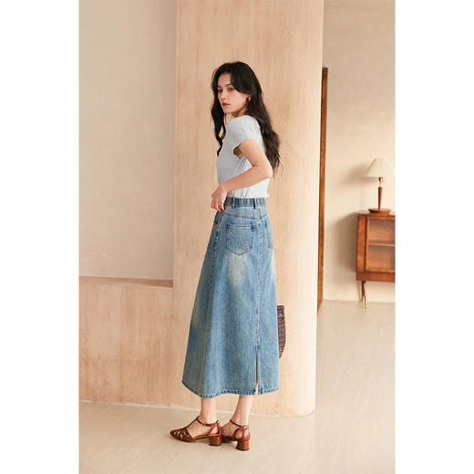 HeyDress复古水洗牛仔半身裙女夏季直筒开叉半裙高腰显瘦蓝色裙子 商品图1