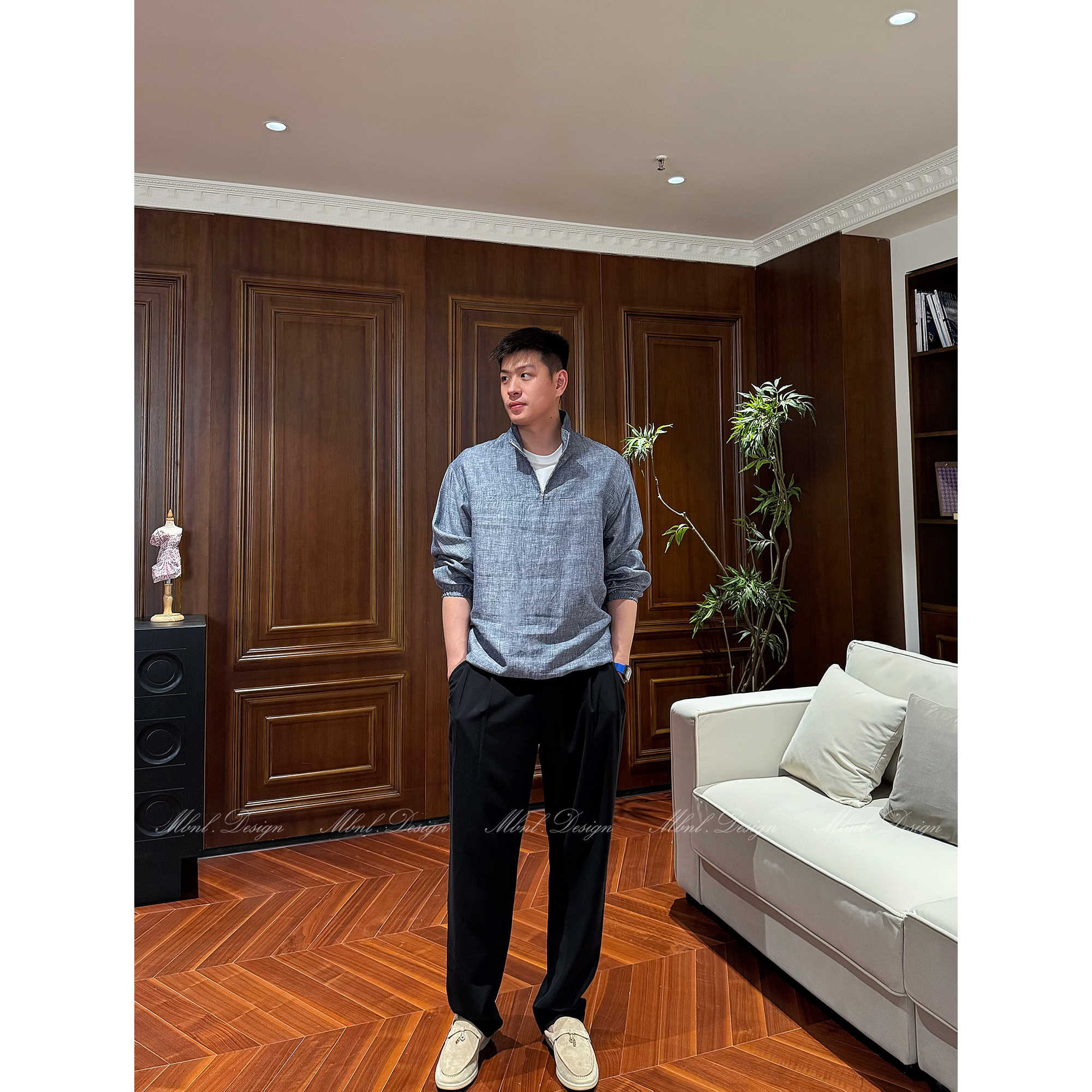 “立领半拉链罩衫”秦磊男装亚麻套头抽绳风衣外套LL-LSY1014商品图1