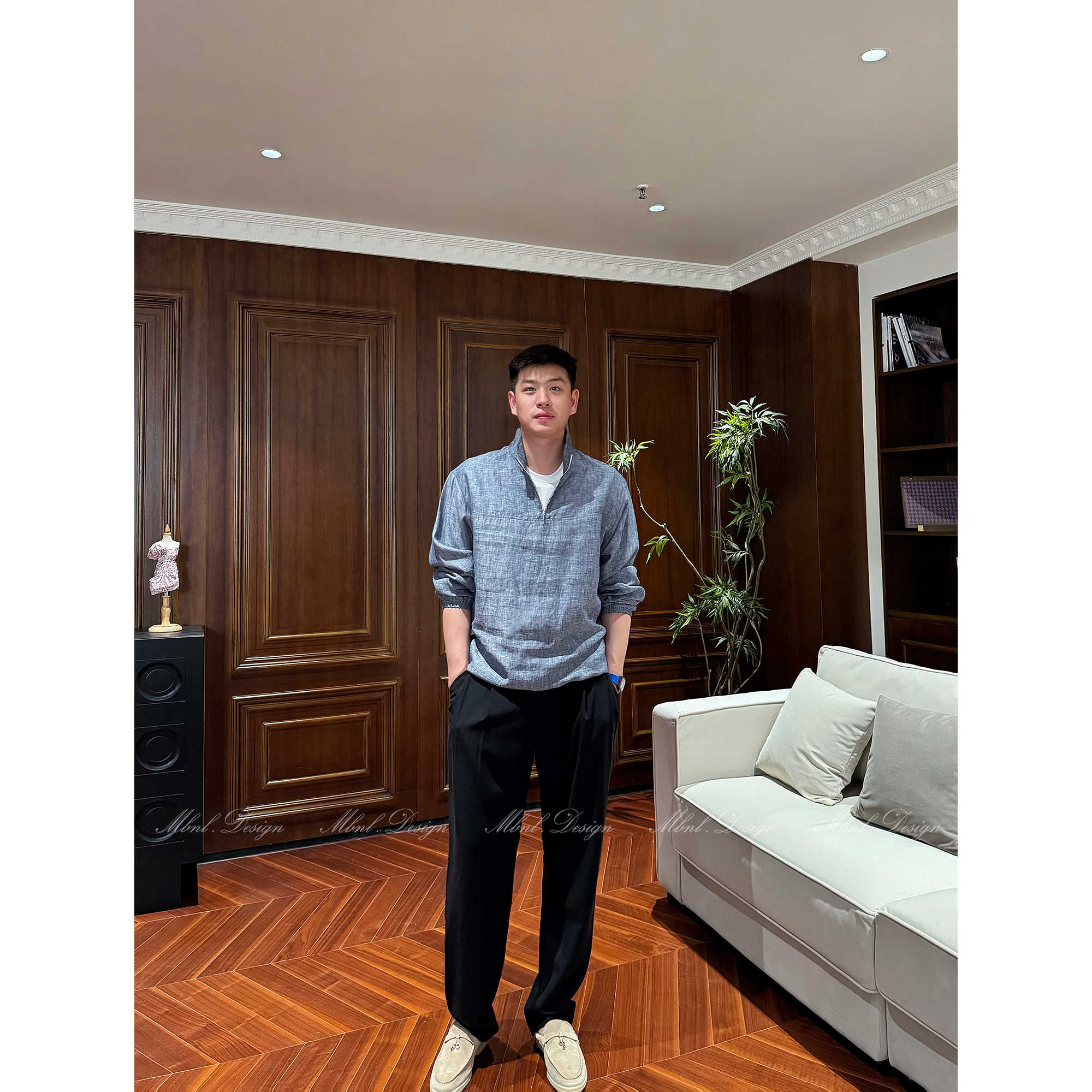 “立领半拉链罩衫”秦磊男装亚麻套头抽绳风衣外套LL-LSY1014商品图2