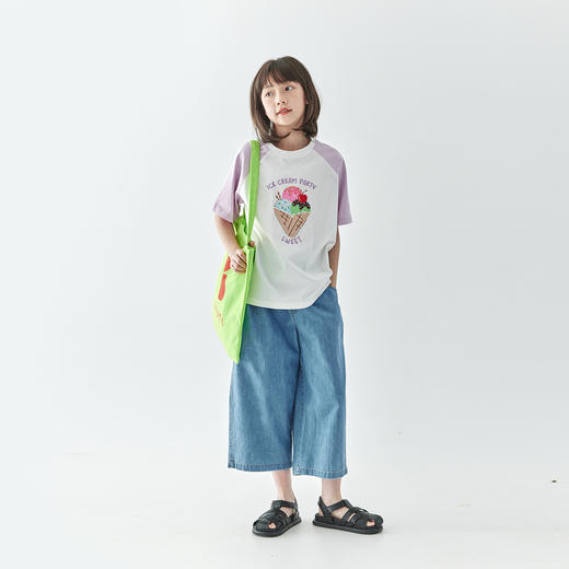 棵初2025年夏季新款亲子中大女童插肩拼色印花短袖T恤纯棉 商品图3