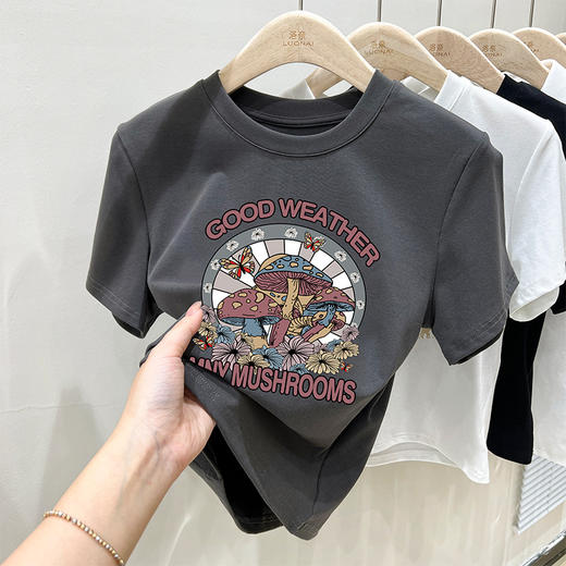 【79元2件】夏季修身圆领棉质T恤短袖 短款印花设计感短袖上衣 商品图10