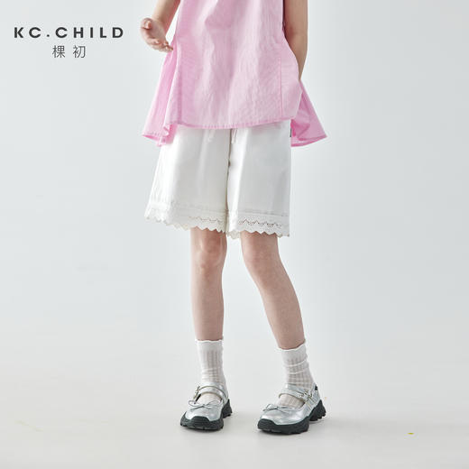 棵初2025夏季新款亲子中大女童白色花边短裤蕾丝拼接宽松裤子 商品图0