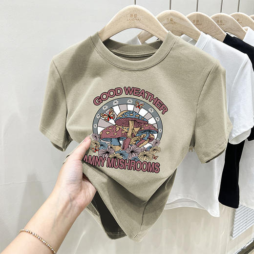 【79元2件】夏季修身圆领棉质T恤短袖 短款印花设计感短袖上衣 商品图12