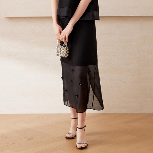 EITIE爱特爱时尚优雅高腰珠片花朵装饰宽松A字半身裙夏季新款B2506616 商品图2