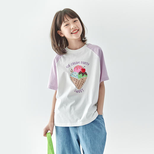 棵初2025年夏季新款亲子中大女童插肩拼色印花短袖T恤纯棉 商品图4