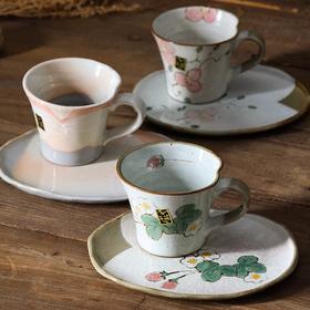 日本进口手绘陶瓷咖啡杯樱花日式复古带碟茶杯水杯美浓烧藤曼花粉引手绘杯碟