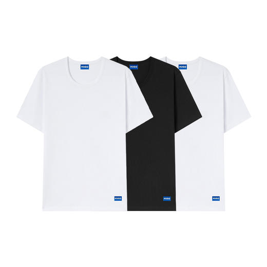 HUGO BOSS 雨果博斯 2025春夏新款 男士徽标圆领短袖T恤3件装 黑/白/白 50522382 商品图0