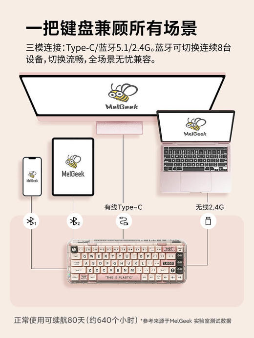 MelGeek Mojo68 水晶 主题轴 透明粉色 机械键盘蓝牙无线男女生办公礼物 商品图4