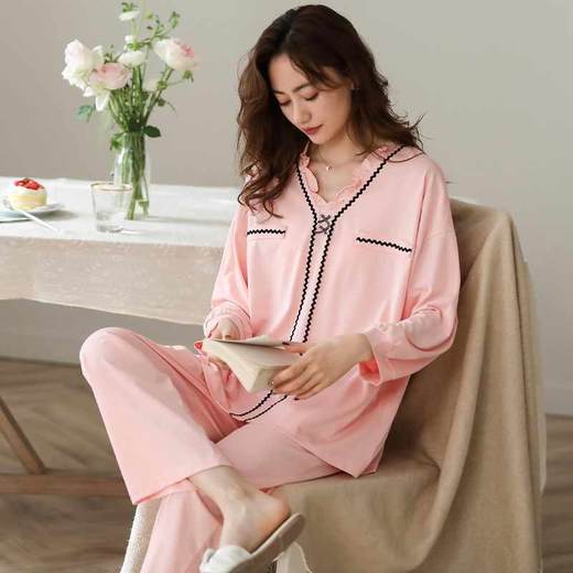 皇家丽美薄款冰岛丝棉长袖长T裤女士睡衣套装春夏季绵绸空调套头家居服JJT9955 商品图0