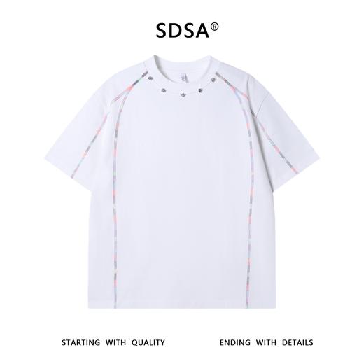 T3243夏季高级感新款韩系潮牌彩色缝线圆领短袖T恤领口立体装饰上衣 商品图1