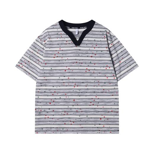 T3314夏季高级感新款韩系撞色条纹短袖T恤彩色星星印花百搭V领宽松上衣 商品图1