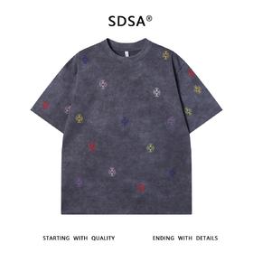 T3214夏季高级感新款韩系细闪彩色十字刺绣圆领短袖T恤百搭简约上衣